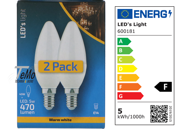 2 STÜCK (VPE) SHADA LED Kerze E14 470lm 5W, warmweiss 2700K, C35 mattiert, EEC: F (0600181GB2)